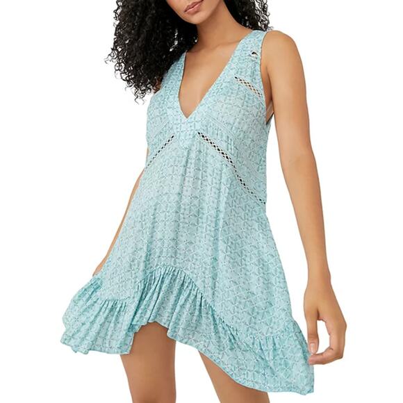Free People Dresses & Skirts - Free People Let It Happen V-Neck Sleeveless Crochet Trim Mini Dress Soft Blue XS